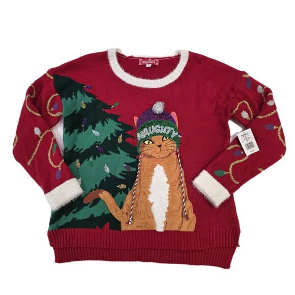 Jollidays Naughty Cat Ugly Christmas Sweater Women's XL Red 3D Sequins NWT - Picture 1 of 13